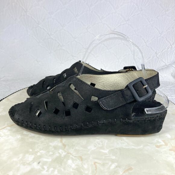 La Plume Shoes Womens 9.5 Black Suede Cutout Peep Toe Casual Walking Slingback - Picture 6 of 12
